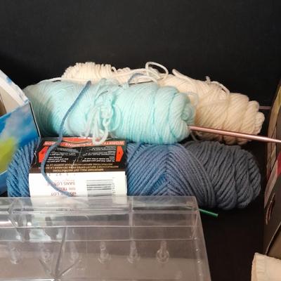 Embroidery hoops, thread, Yarn with needles, and other crafty supplies