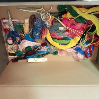 Embroidery hoops, thread, Yarn with needles, and other crafty supplies