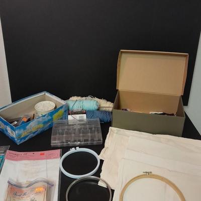 Embroidery hoops, thread, Yarn with needles, and other crafty supplies