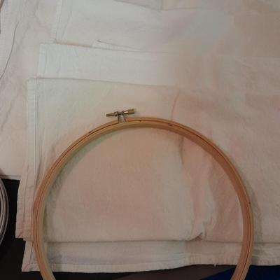Embroidery hoops, thread, Yarn with needles, and other crafty supplies