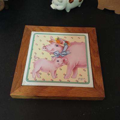 Collection of pigs! Tile Pig trivets, Clay pig bank, ceramic pig and more