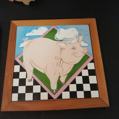 Collection of pigs! Tile Pig trivets, Clay pig bank, ceramic pig and more