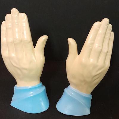 Chalkware praying hands, and Josef Original OPAL October girl figure