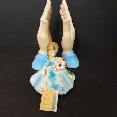 Chalkware praying hands, and Josef Original OPAL October girl figure
