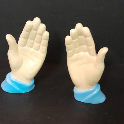 Chalkware praying hands, and Josef Original OPAL October girl figure