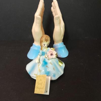 Chalkware praying hands, and Josef Original OPAL October girl figure