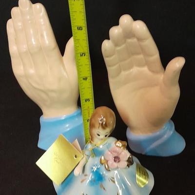 Chalkware praying hands, and Josef Original OPAL October girl figure