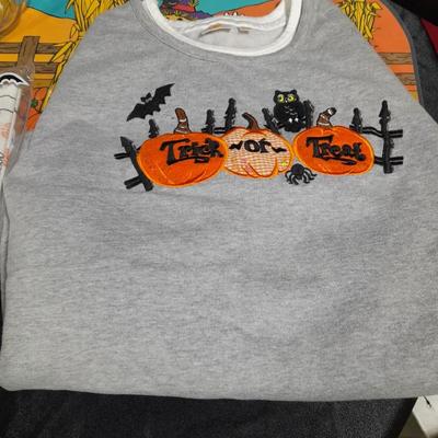 Halloween Decorations, vintage Fall placemats, glass pumpkin, sweatshirt and more