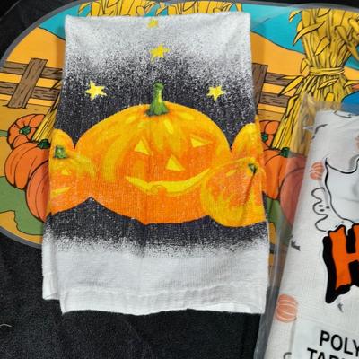 Halloween Decorations, vintage Fall placemats, glass pumpkin, sweatshirt and more