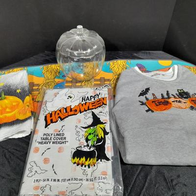 Halloween Decorations, vintage Fall placemats, glass pumpkin, sweatshirt and more