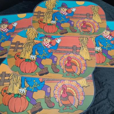 Halloween Decorations, vintage Fall placemats, glass pumpkin, sweatshirt and more