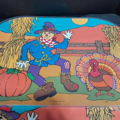 Halloween Decorations, vintage Fall placemats, glass pumpkin, sweatshirt and more