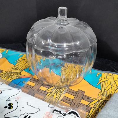 Halloween Decorations, vintage Fall placemats, glass pumpkin, sweatshirt and more