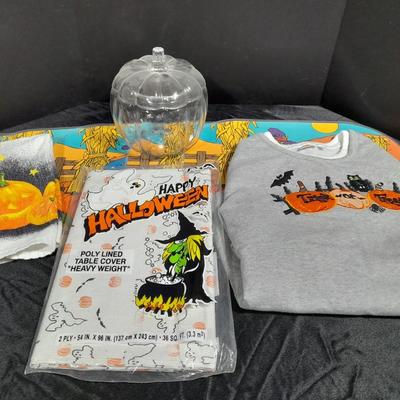 Halloween Decorations, vintage Fall placemats, glass pumpkin, sweatshirt and more
