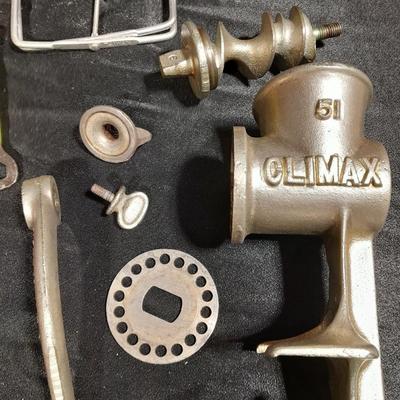 Vintage Climax counter mount grinder, kitchen cooking utensils, and knives