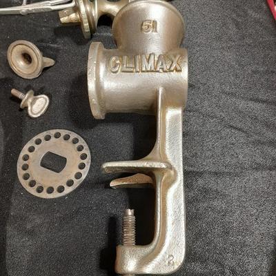 Vintage Climax counter mount grinder, kitchen cooking utensils, and knives