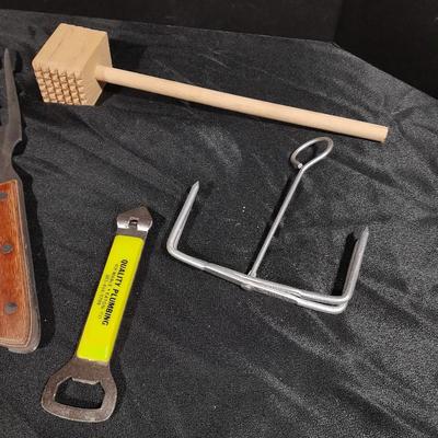 Vintage Climax counter mount grinder, kitchen cooking utensils, and knives