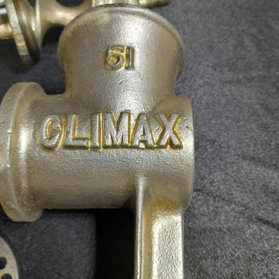 Vintage Climax counter mount grinder, kitchen cooking utensils, and knives