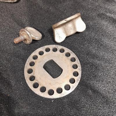 Vintage Climax counter mount grinder, kitchen cooking utensils, and knives