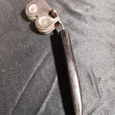 Vintage Climax counter mount grinder, kitchen cooking utensils, and knives