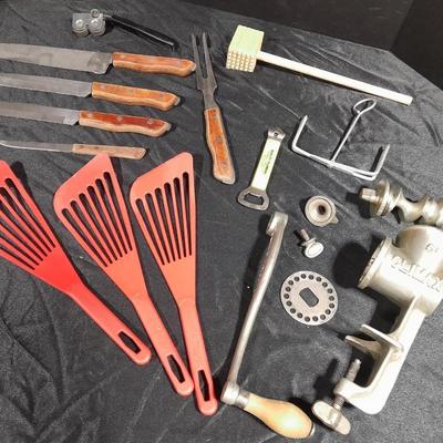 Vintage Climax counter mount grinder, kitchen cooking utensils, and knives