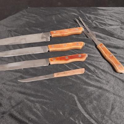 Vintage Climax counter mount grinder, kitchen cooking utensils, and knives