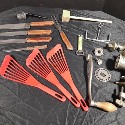 Vintage Climax counter mount grinder, kitchen cooking utensils, and knives
