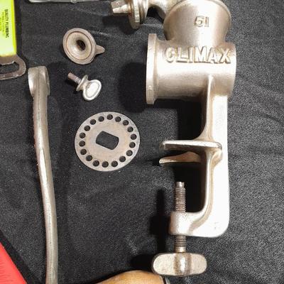 Vintage Climax counter mount grinder, kitchen cooking utensils, and knives