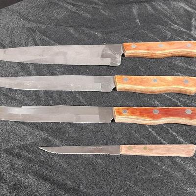 Vintage Climax counter mount grinder, kitchen cooking utensils, and knives
