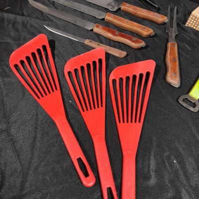 Vintage Climax counter mount grinder, kitchen cooking utensils, and knives