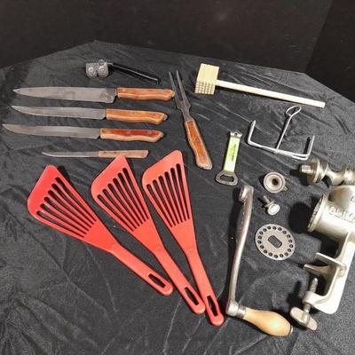 Vintage Climax counter mount grinder, kitchen cooking utensils, and knives