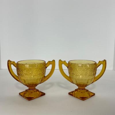 -253- GLASSWARE | Amber Daisy Indiana Glass Co. | Creamer, Sugar, & Soup Bowl