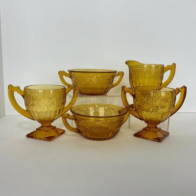 -253- GLASSWARE | Amber Daisy Indiana Glass Co. | Creamer, Sugar, & Soup Bowl