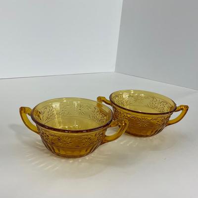 -253- GLASSWARE | Amber Daisy Indiana Glass Co. | Creamer, Sugar, & Soup Bowl
