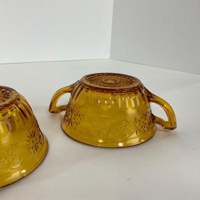 -253- GLASSWARE | Amber Daisy Indiana Glass Co. | Creamer, Sugar, & Soup Bowl