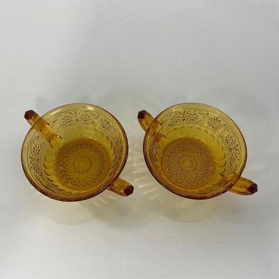 -253- GLASSWARE | Amber Daisy Indiana Glass Co. | Creamer, Sugar, & Soup Bowl