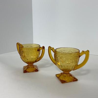 -253- GLASSWARE | Amber Daisy Indiana Glass Co. | Creamer, Sugar, & Soup Bowl