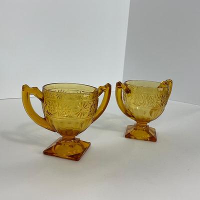 -253- GLASSWARE | Amber Daisy Indiana Glass Co. | Creamer, Sugar, & Soup Bowl