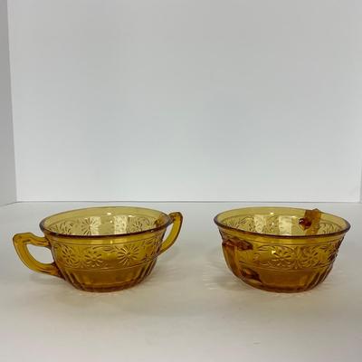 -253- GLASSWARE | Amber Daisy Indiana Glass Co. | Creamer, Sugar, & Soup Bowl