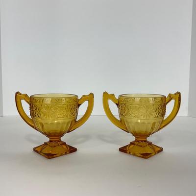 -253- GLASSWARE | Amber Daisy Indiana Glass Co. | Creamer, Sugar, & Soup Bowl