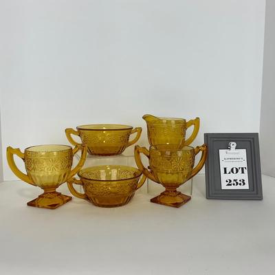 -253- GLASSWARE | Amber Daisy Indiana Glass Co. | Creamer, Sugar, & Soup Bowl
