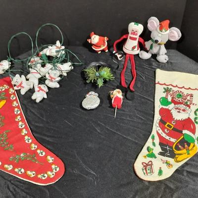 Vintage Christmas felt stockings, Bear lights, vintage ornaments and more