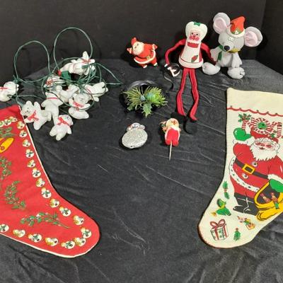 Vintage Christmas felt stockings, Bear lights, vintage ornaments and more