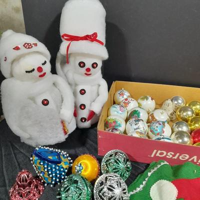 Vintage Christmas Felt Santa, Shiny Brite glass bulbs, and plastic Christmas ornament set