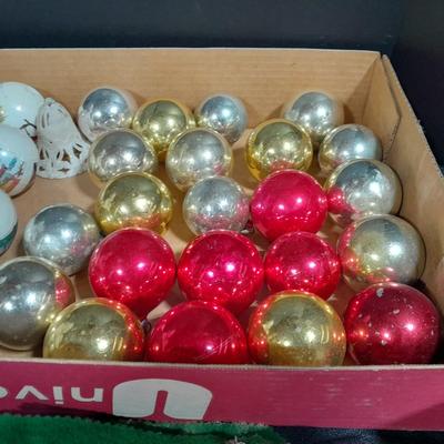 Vintage Christmas Felt Santa, Shiny Brite glass bulbs, and plastic Christmas ornament set