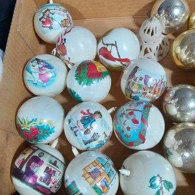 Vintage Christmas Felt Santa, Shiny Brite glass bulbs, and plastic Christmas ornament set