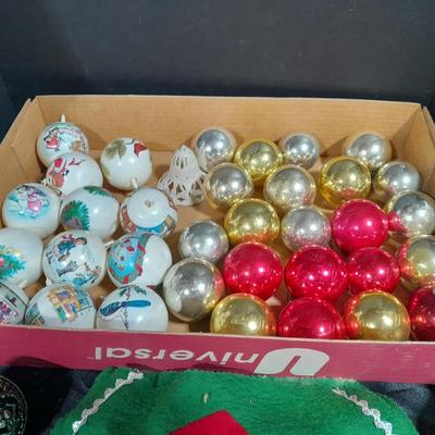 Vintage Christmas Felt Santa, Shiny Brite glass bulbs, and plastic Christmas ornament set