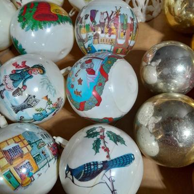 Vintage Christmas Felt Santa, Shiny Brite glass bulbs, and plastic Christmas ornament set