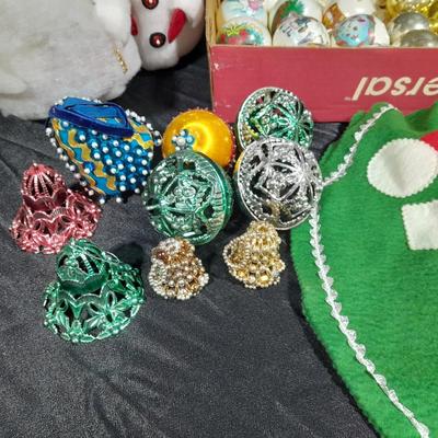 Vintage Christmas Felt Santa, Shiny Brite glass bulbs, and plastic Christmas ornament set