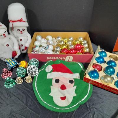 Vintage Christmas Felt Santa, Shiny Brite glass bulbs, and plastic Christmas ornament set